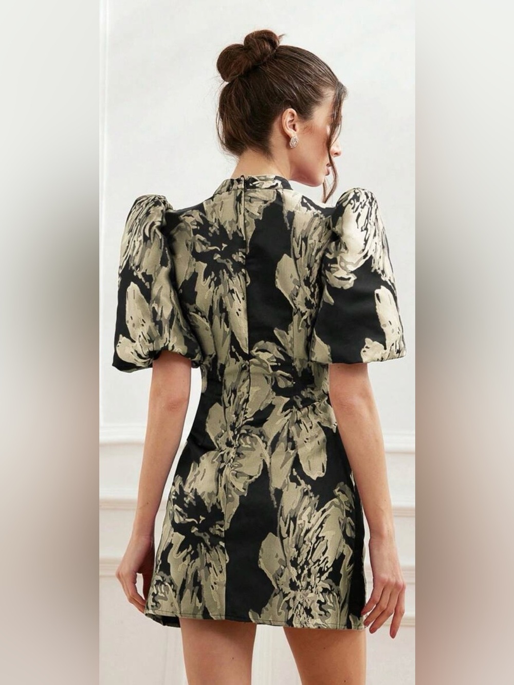 Black and Olive Floral Puff-Sleeve Midi Dress - Picture 2 of 2
